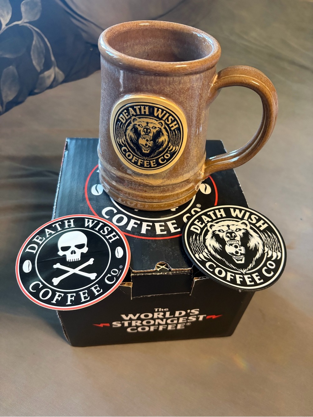 Death Wish Coffee -Grin and Bear It Mug, sticker and leather patch. #2377/3500.